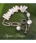 White Biwa and Coin Freshwater Pearls Sterling Silver Bracelet